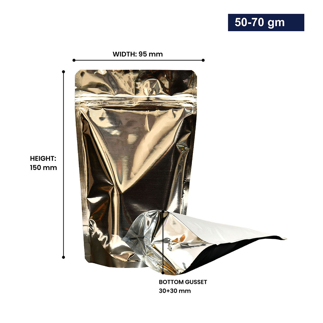 Silver stand-up pouch with zipper 50-70gm, with dimensions||50 to 70gm - 95mm(W) * 150mm(H) * 30mm+30mm(BG)