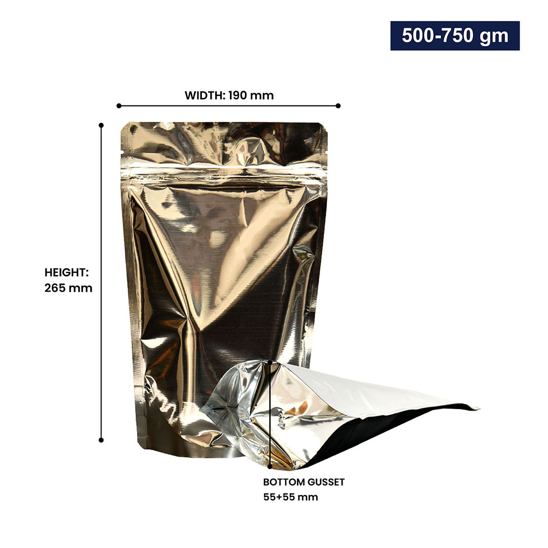 Silver stand-up pouch with zipper 500-750gm, with dimensions