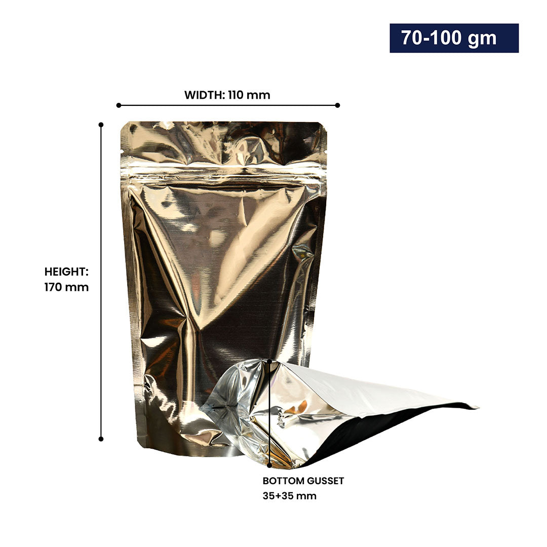 Silver stand-up pouch with zipper 70-100gm, with dimensions||70 to 100gm - 110mm(W) * 170mm(H) * 35mm+35mm(BG)