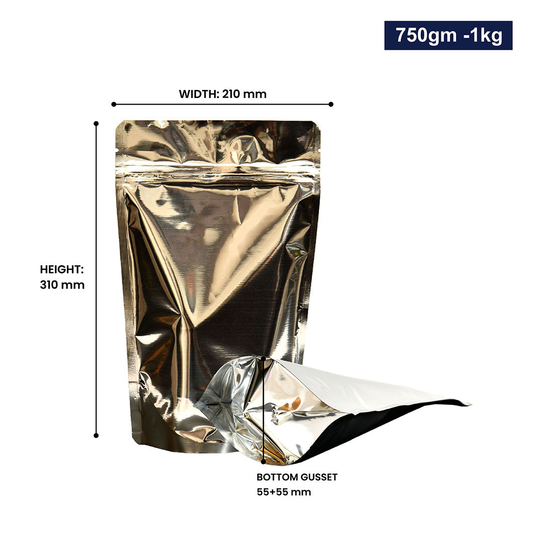Silver stand-up pouch with zipper 750-1kg, with dimensions||750gm to 1kg - 210mm(W) * 310mm(H) * 55mm+55mm(BG)