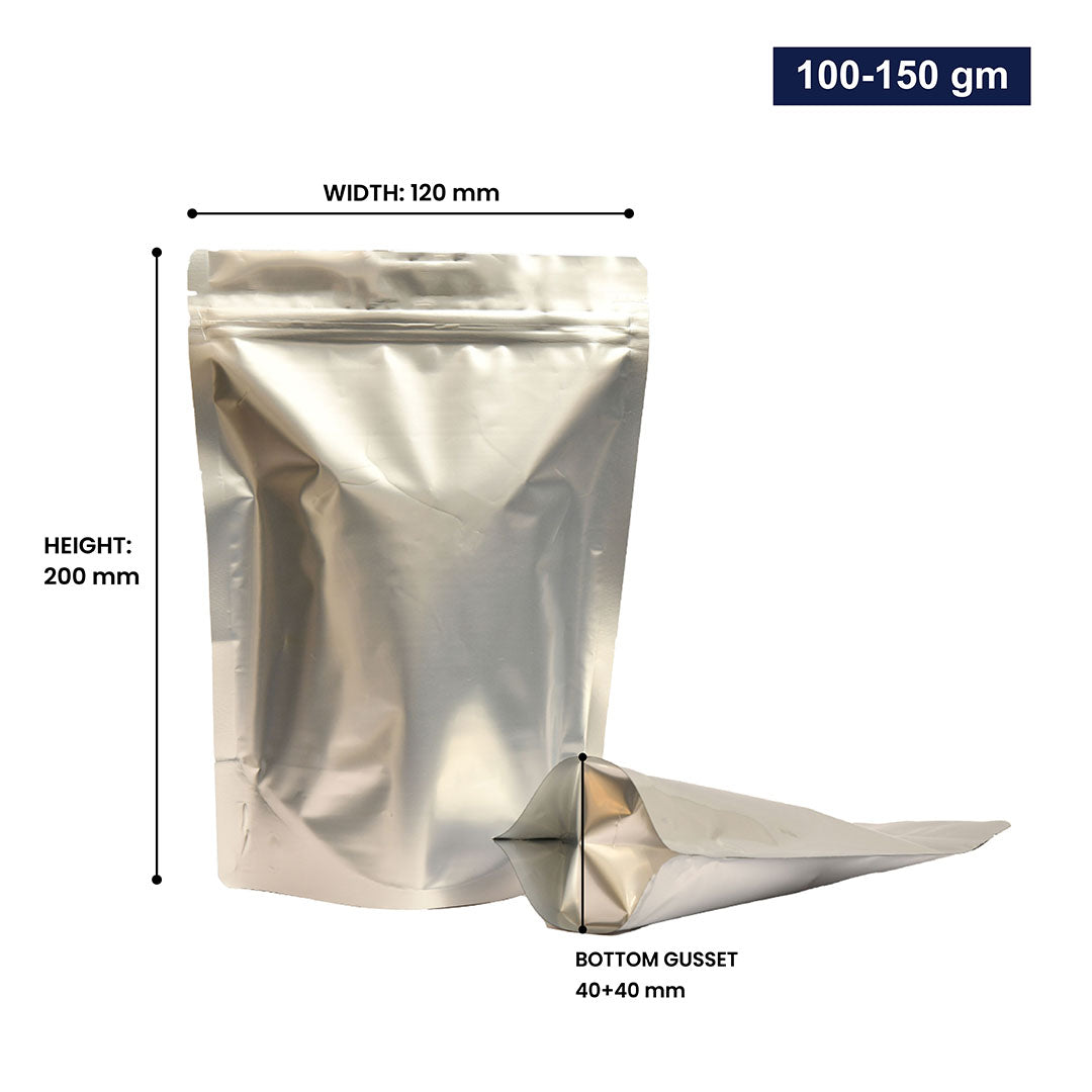 Silver stand-up zipper pouch with dimensions 100-150gm, displaying width, height, and bottom gusset