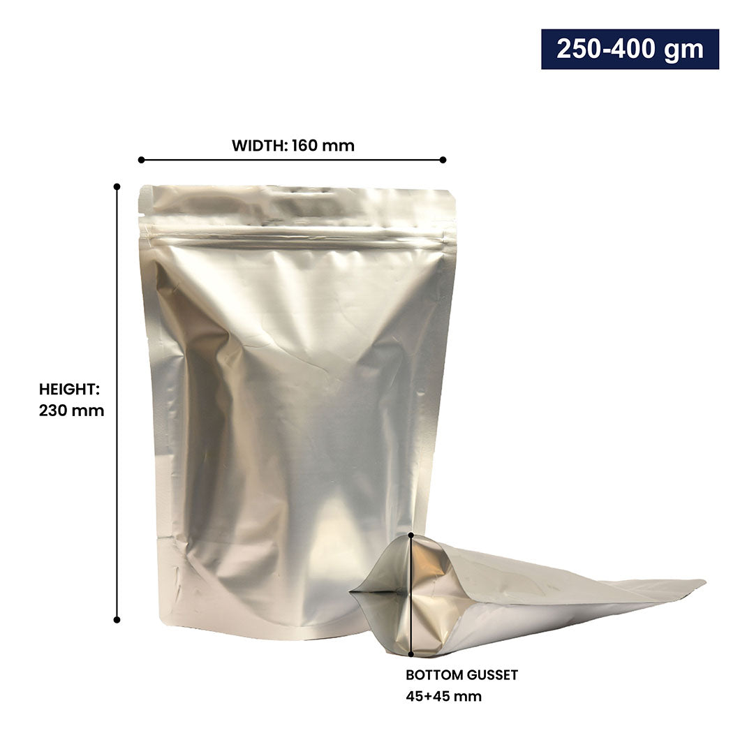 Silver stand-up zipper pouch with dimensions 250-400gm, displaying width, height, and bottom gusset||250 to 400gm - 160mm(W) * 230mm(H) * 45mm+45mm(BG)