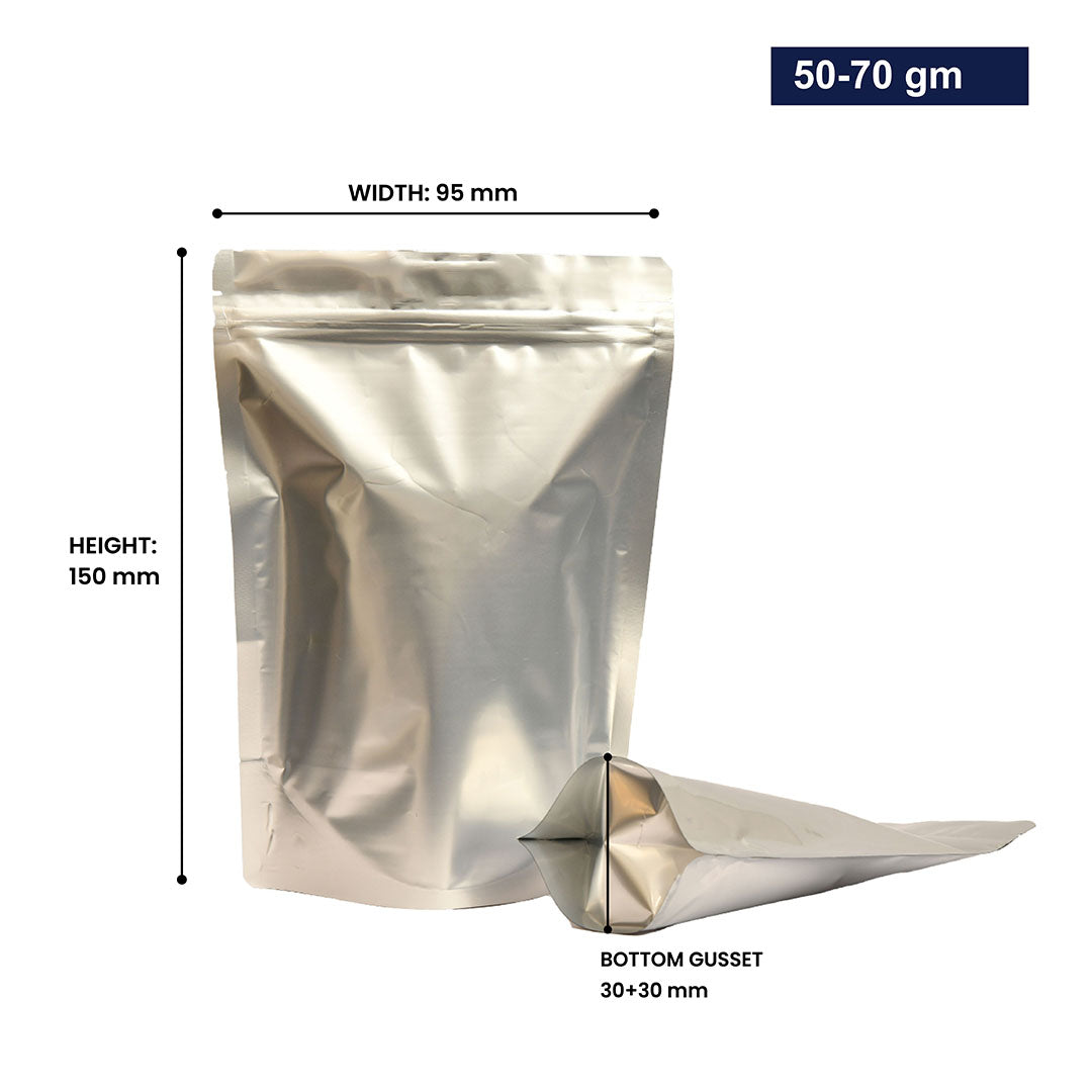 Silver stand-up zipper pouch with dimensions 50-70gm, displaying width, height, and bottom gusset||50 to 70gm - 95mm(W) * 150mm(H) * 30mm+30mm(BG)