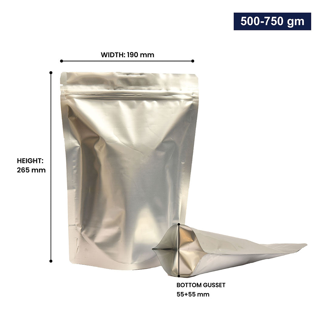 Silver stand-up zipper pouch with dimensions 500-750gm, displaying width, height, and bottom gusset