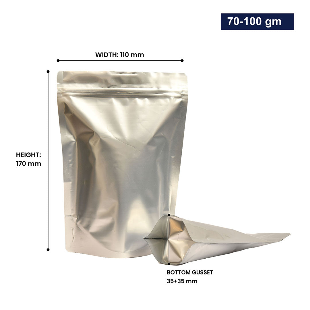 Silver stand-up zipper pouch with dimensions 70-100gm, displaying width, height, and bottom gusset||70 to 100gm - 110mm(W) * 170mm(H) * 35mm+35mm(BG)