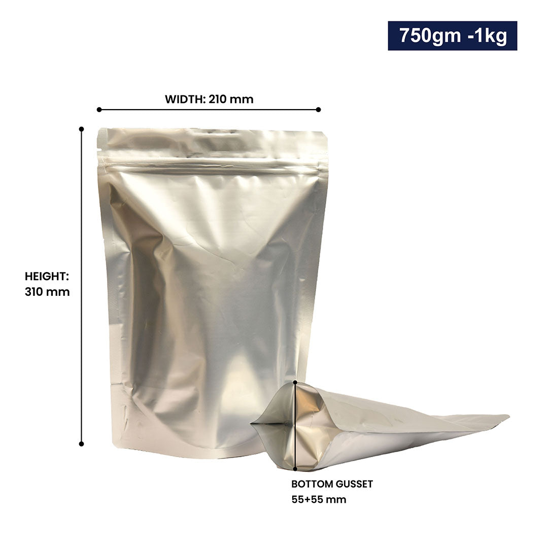 Silver stand-up zipper pouch with dimensions 750-1kg, displaying width, height, and bottom gusset