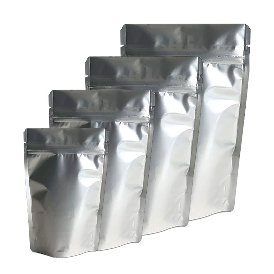 Silver stand-up zipper pouches in multiple sizes for versatile food and product packaging