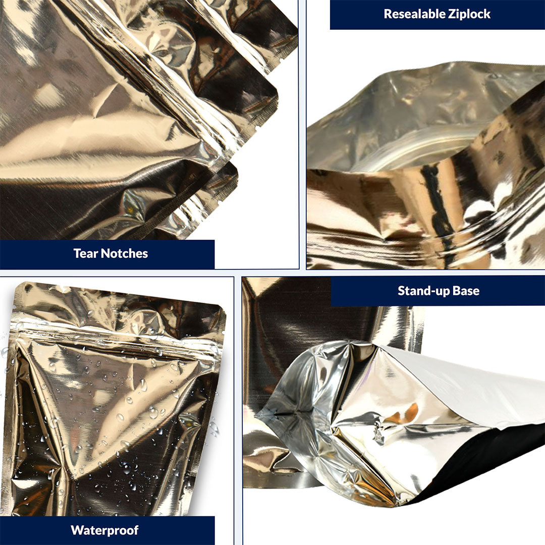 Silver pouch 50-70gmwith zipper featuring tear notches, resealable ziplock, bottom gusset and waterproof protection||50 to 70gm - 95mm(W) * 150mm(H) * 30mm+30mm(BG)