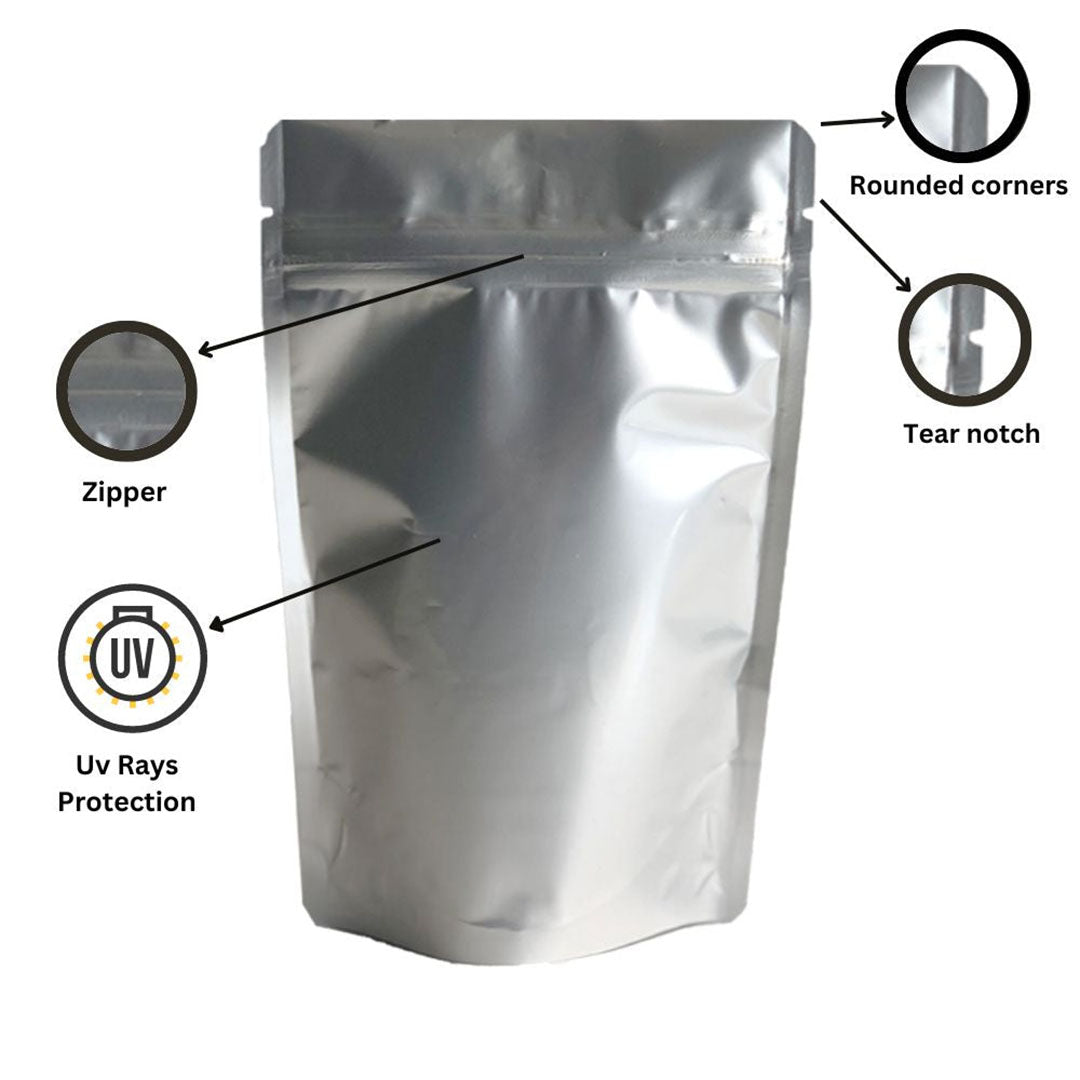 Silver zipper pouch with UV protection, tear notch, rounded corners, and resealable zipper||250 to 400gm - 160mm(W) * 230mm(H) * 45mm+45mm(BG)