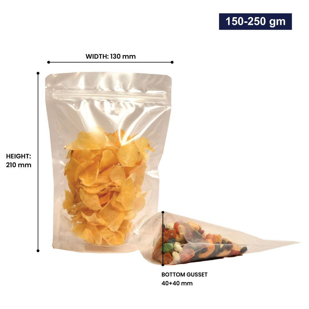 Transparent stand-up zipper pouch 150-250gm with dimensions, showing width, height, and bottom gusset