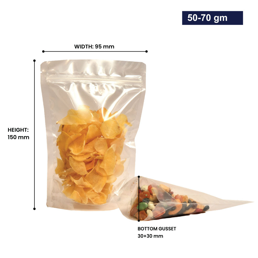 Transparent stand-up zipper pouch 50-70gm with dimensions, showing width, height, and bottom gusset