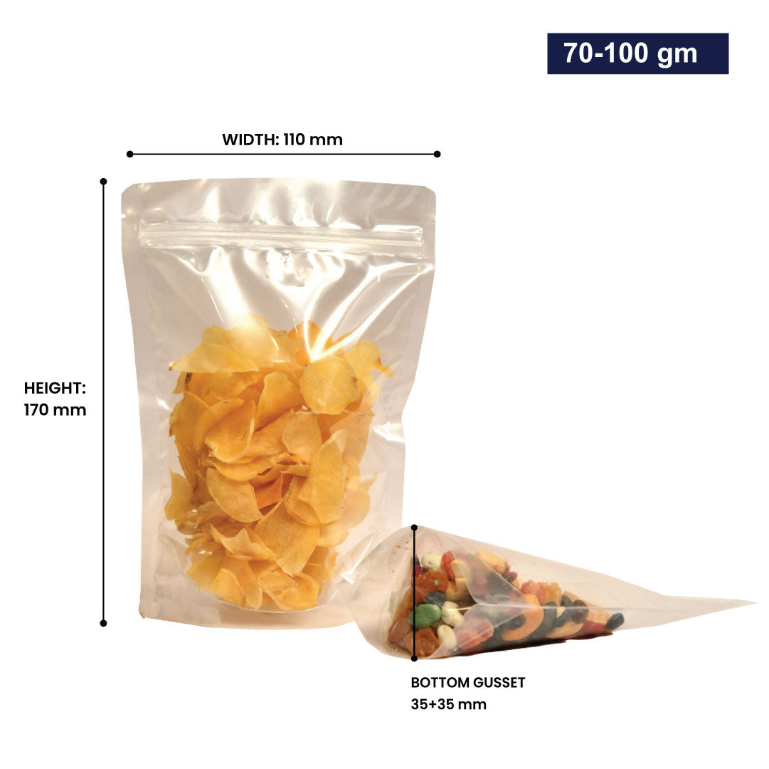 Transparent stand-up zipper pouch 70-100gm with dimensions, showing width, height, and bottom gusset