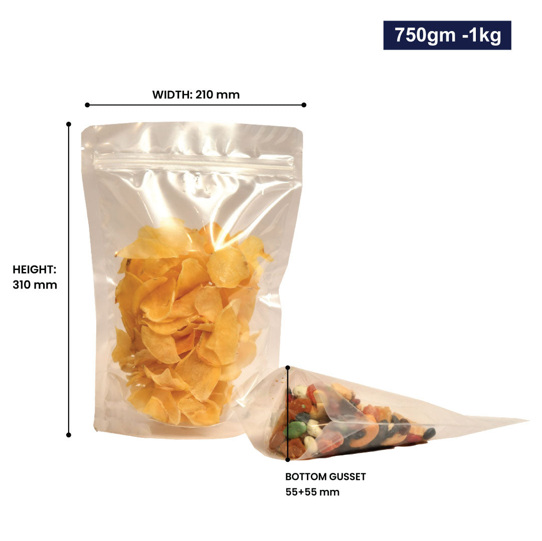 Transparent stand-up zipper pouch 750-1kg with dimensions, showing width, height, and bottom gusset