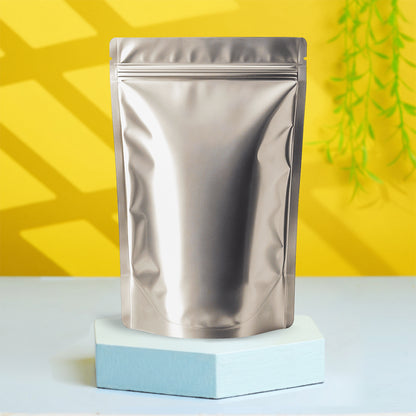 Matte silver stand up zipper pouch for packaging||50 to 70gm - 95mm(W) * 150mm(H) * 60mm(BG)