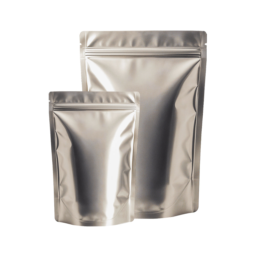 Matte silver stand up zipper pouch for packaging||50 to 70gm - 95mm(W) * 150mm(H) * 60mm(BG)