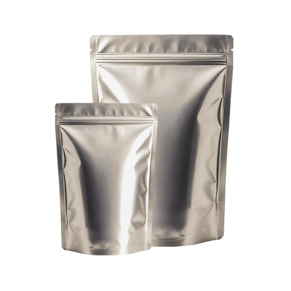 Matte silver stand up zipper pouch for packaging||50 to 70gm - 95mm(W) * 150mm(H) * 60mm(BG)