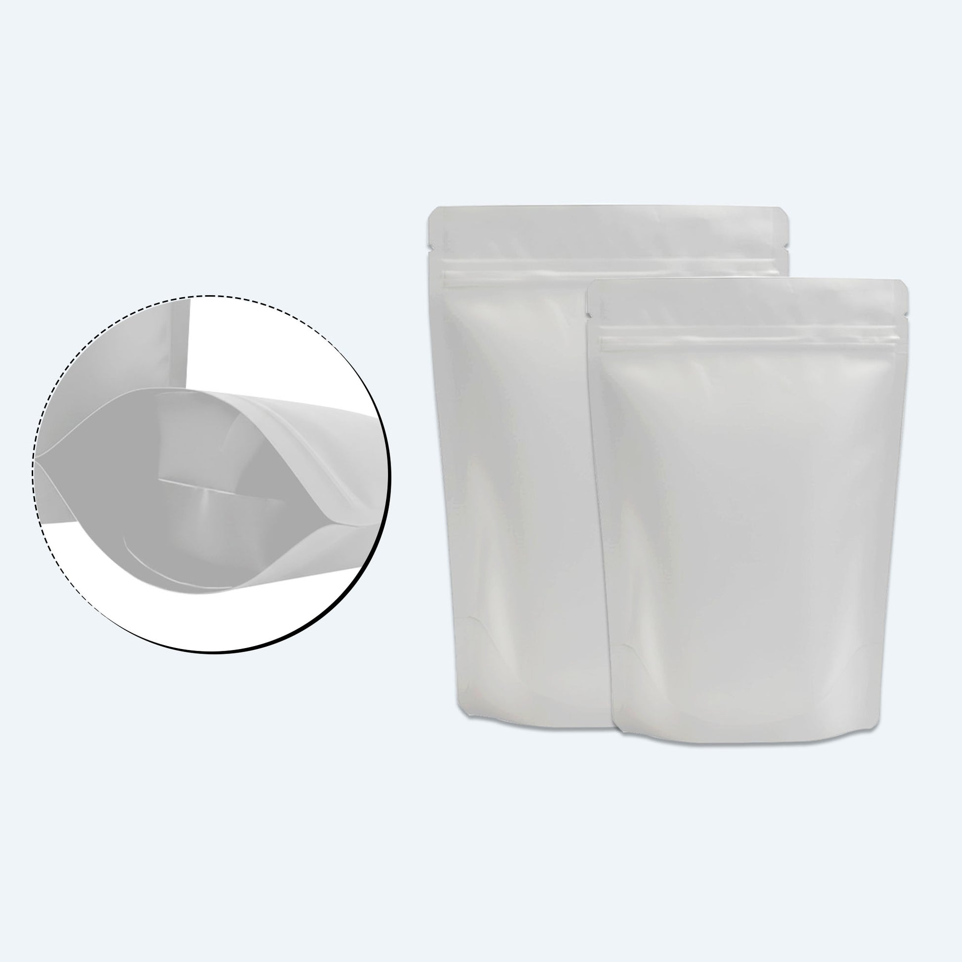 Matte white pouch for food packaging and retail uses