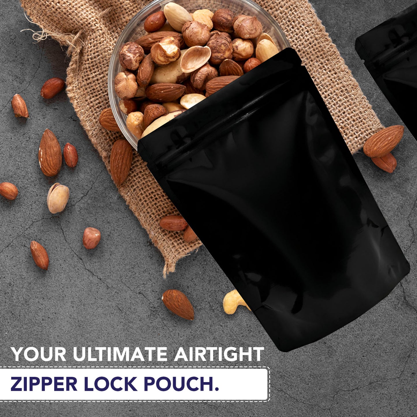 Gloss black stand up zipper pouch for food and grocery packaging||70 to 100gm - 110mm(W) * 170mm(H) * 70mm(BG)