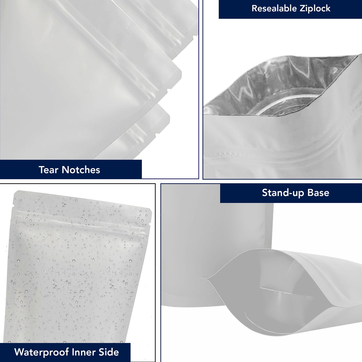 Matte white pouch for food packaging and retail uses||70 to 100gm - 110mm(W) * 170mm(H) * 70mm(BG)