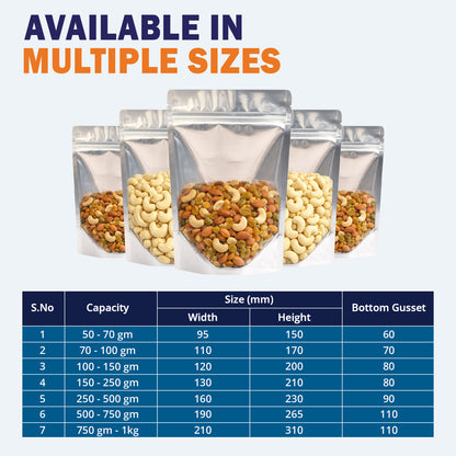 Size chart of clear gloss silver stand up zipper pouch||100 to 150gm - 120mm(W) * 200mm(H) * 80mm(BG)