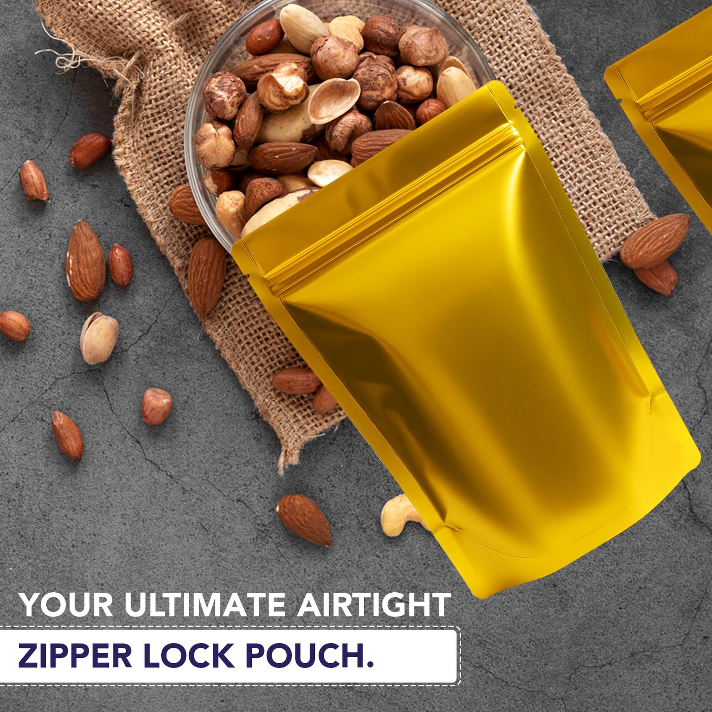 Gloss gold pouch for premium food and dry food packaging||100 to 150gm - 120mm(W) * 200mm(H) *  80mm(BG)