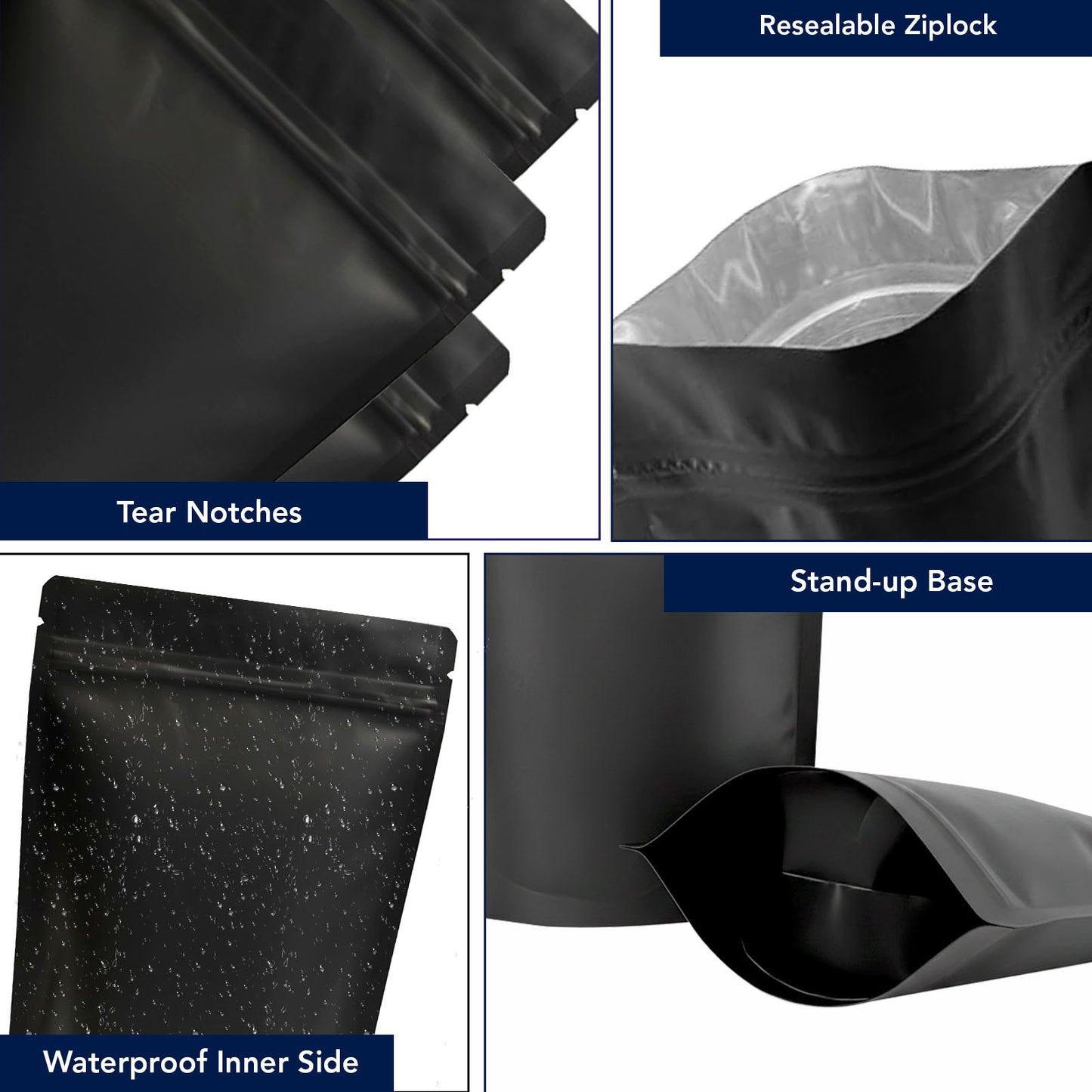 Matte black pouch for snacks, dry foods, and groceries||100 to 150gm - 120mm(W) * 200mm(H) * 80mm(BG)