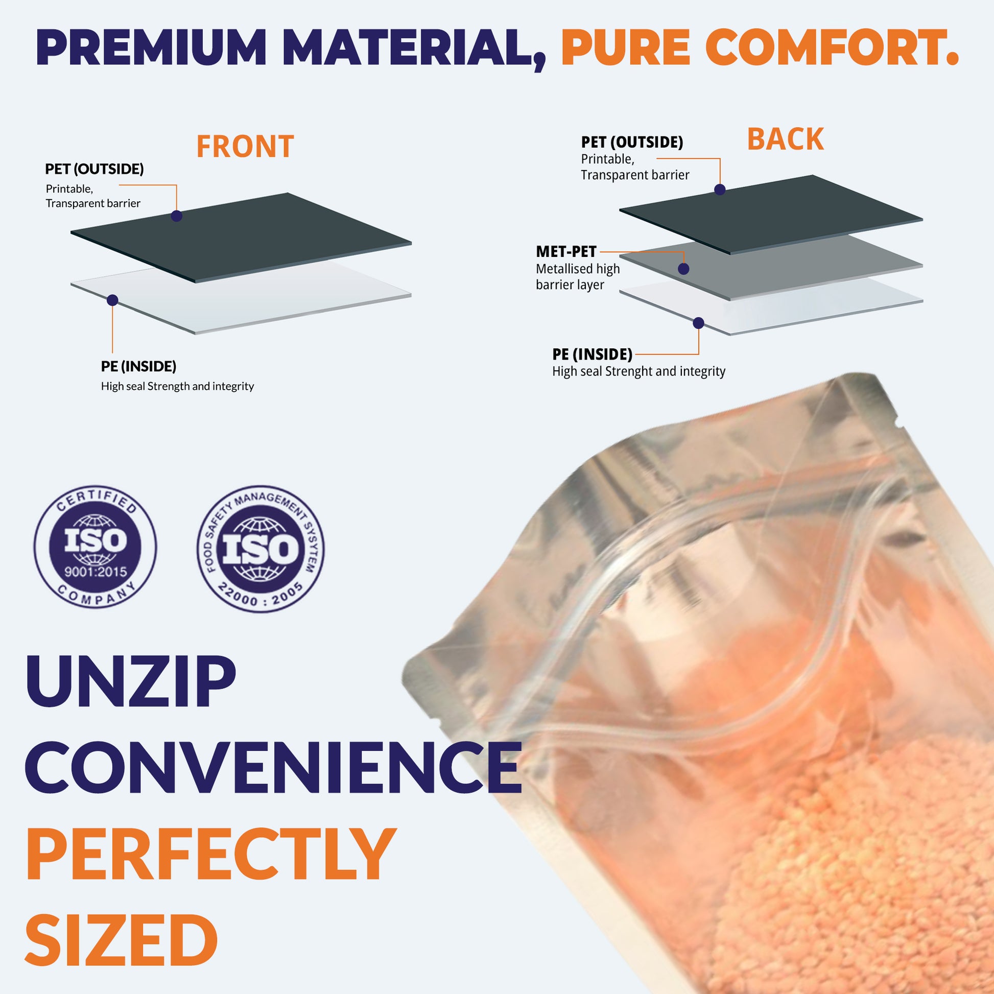 PET PE and PET METPET structure of gloss silver pouch