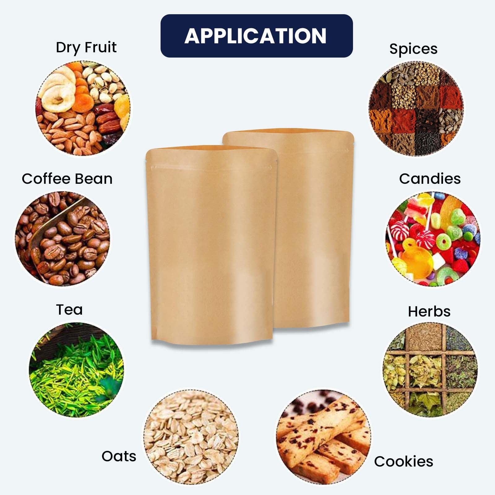 Paper bags used for dryfruits packaging, tea packaging, coffee packaging, spices packaging, grains packaging||150 to 250gm - 130mm(W) * 210mm(H) * 40mm+40mm(BG)