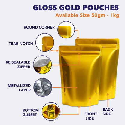 Features of gloss gold stand up pouch with zipper||150 to 250gm - 130mm(W) * 210mm(H) *  80mm(BG)
