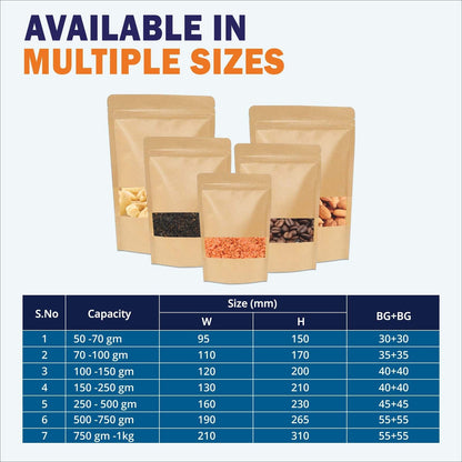 Kraft paper stand up zipper pouch with transparent window for premium food packaging||150 to 250gm - 130mm(W) * 210mm(H) * 40mm+40mm(BG)