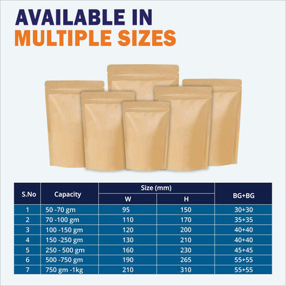ziplock pouch in delhi ncr, paper stand up zipper pouch in delhi ncr, kraft paper pouch dealers manufactures in delhi ncr||250 to 400gm - 160mm(W) * 230mm(H) * 45mm+45mm(BG)