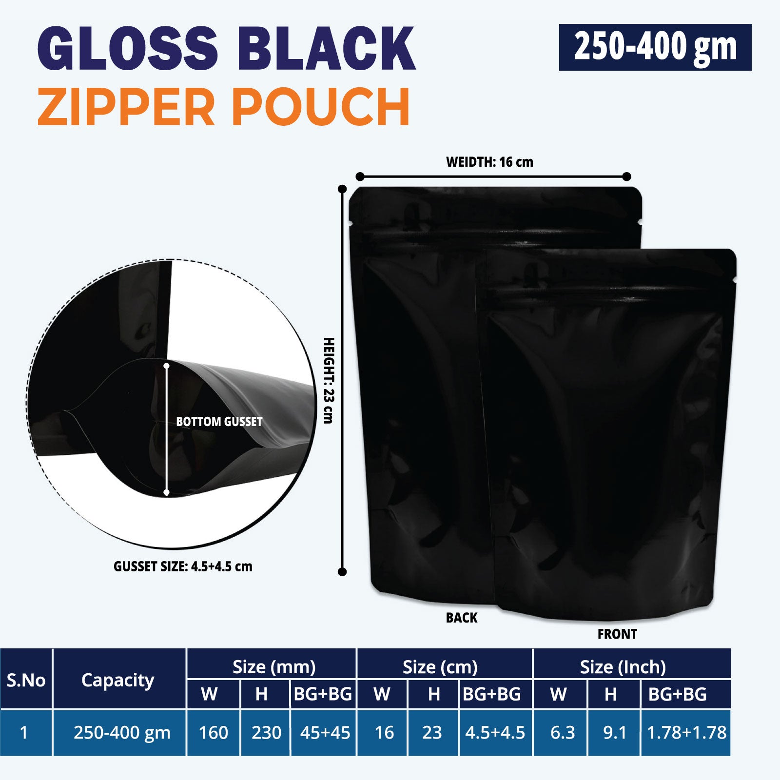 250g gloss black pouch with bottom gusset and resealable ziplock