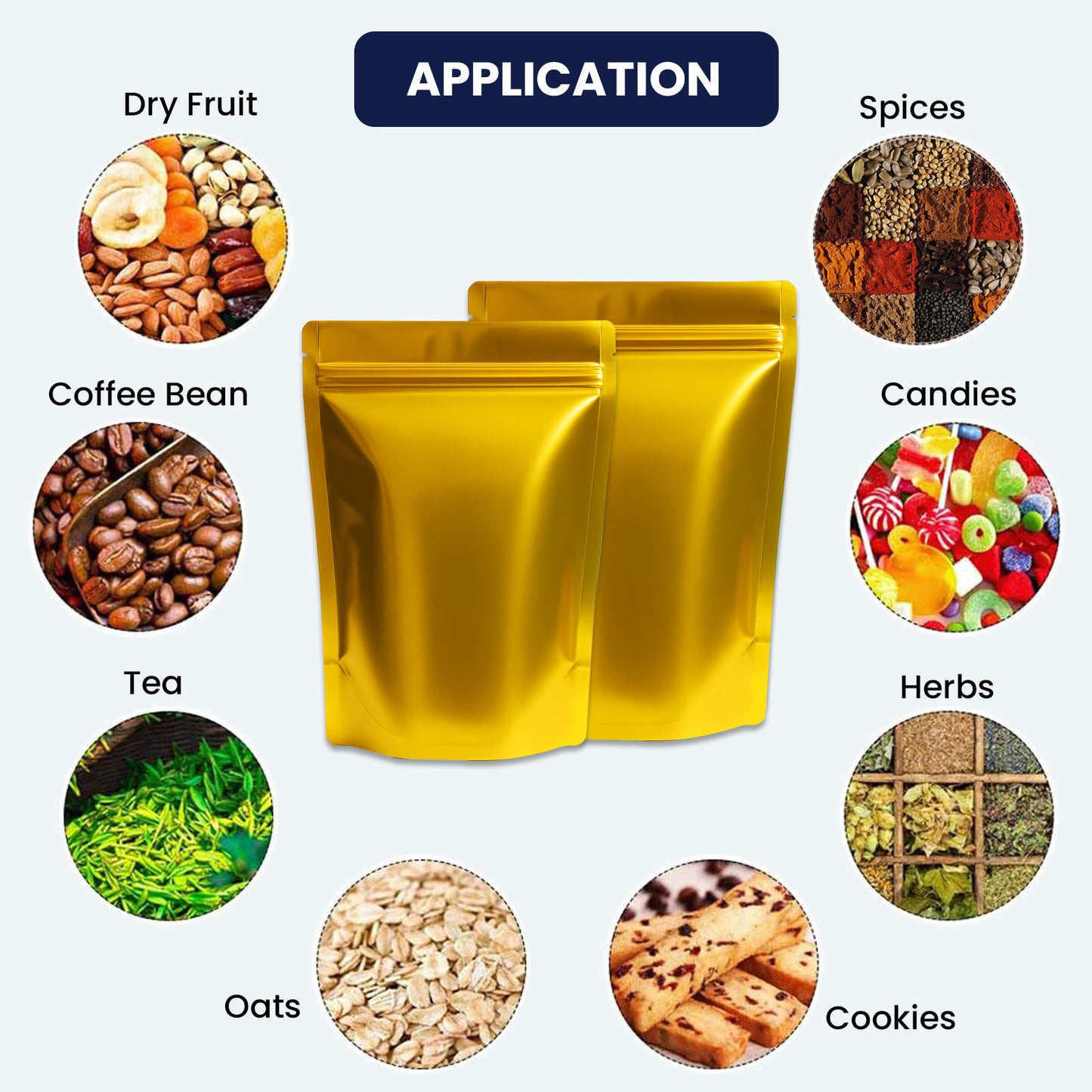 Gloss gold pouches for FMCG, spices, tea, coffee||250 to 400gm - 160mm(W) * 230mm(H) * 90mm(BG)