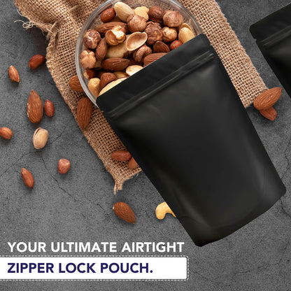 Matte black pouch for snacks, dry foods, and groceries||250 to 400gm - 160mm(W) * 230mm(H) * 90mm(BG)