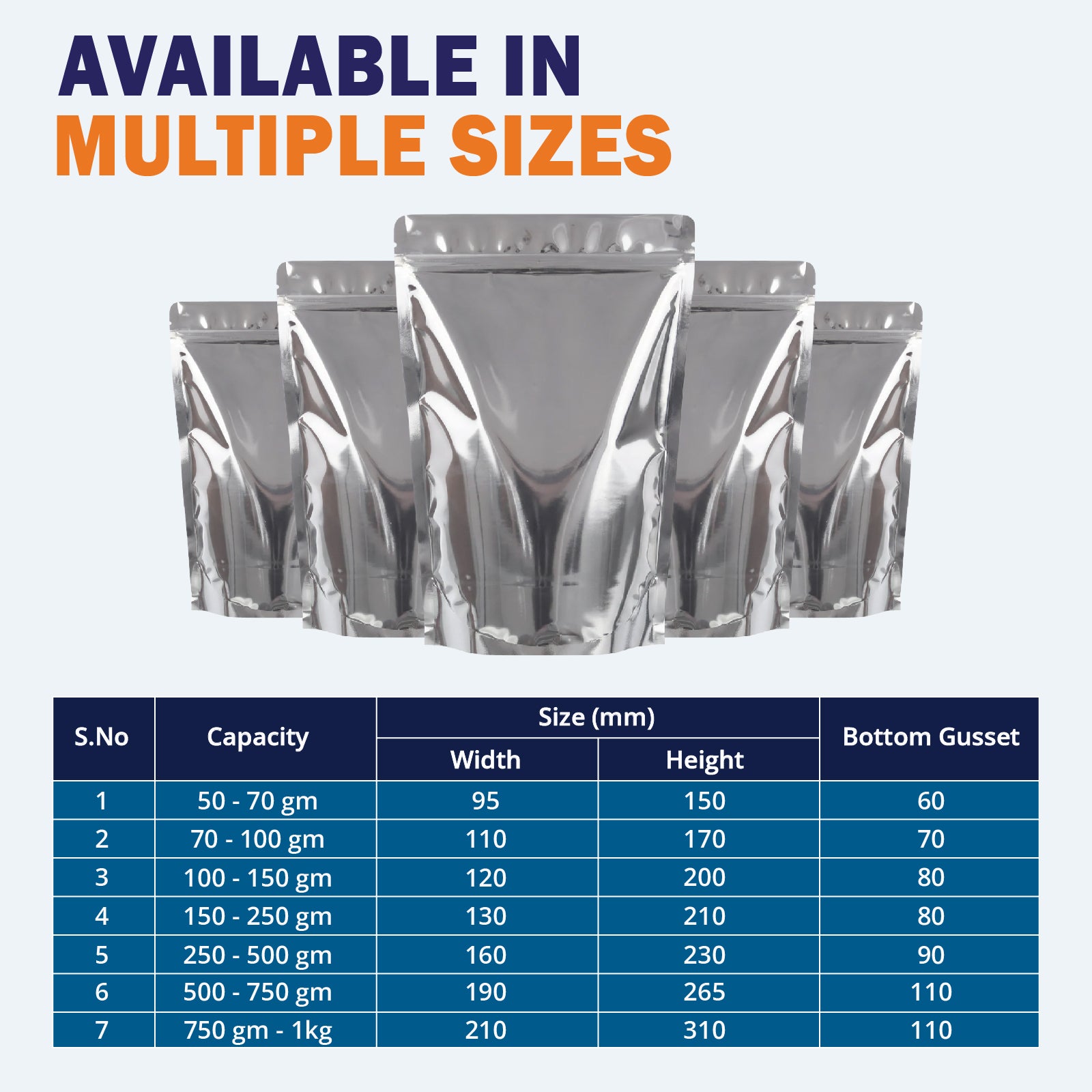 Both side gloss silver stand up pouches available in sizes