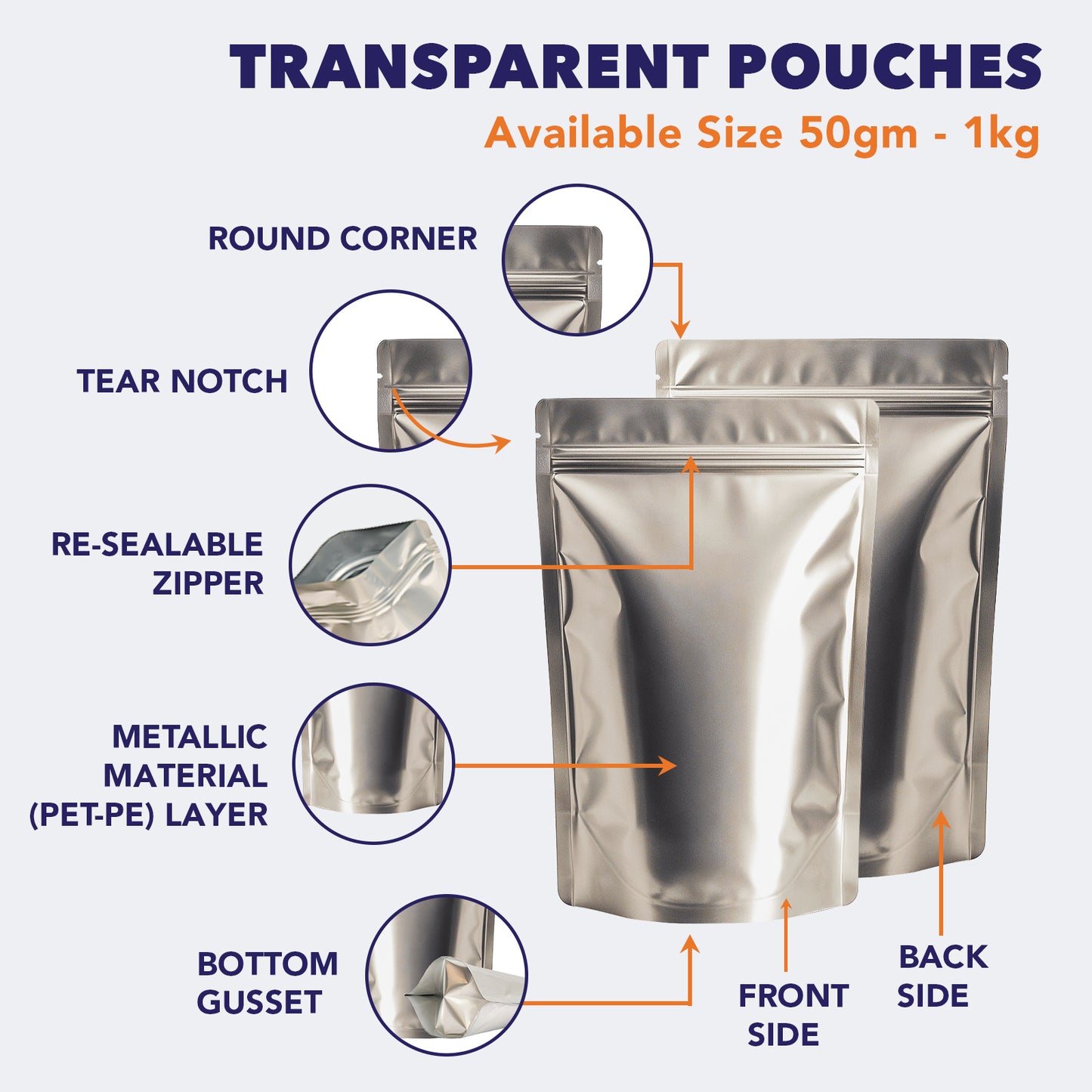 Features of matte silver stand up zipper pouch||500 to 750gm - 190mm(W) * 265mm(H) * 110mm(BG)