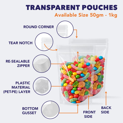 Features of transparent ziplock pouch with zipper||500 to 750gm - 190mm(W) * 265mm(H) * 110mm(BG)