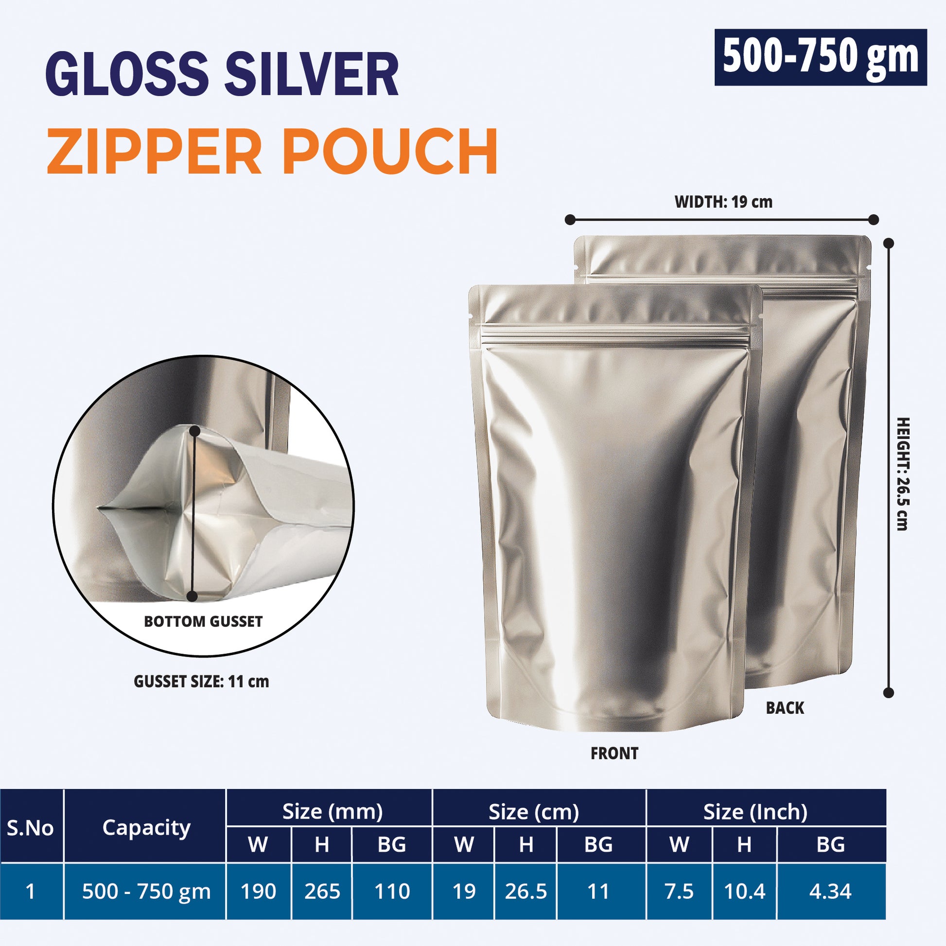 500g matte silver pouch with strong zipper seal