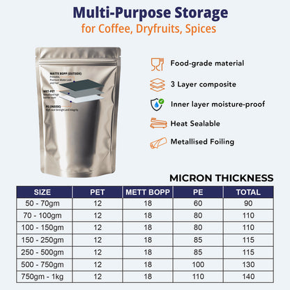 Matte silver stand up pouches in multiple microns||500 to 750gm - 190mm(W) * 265mm(H) * 110mm(BG)