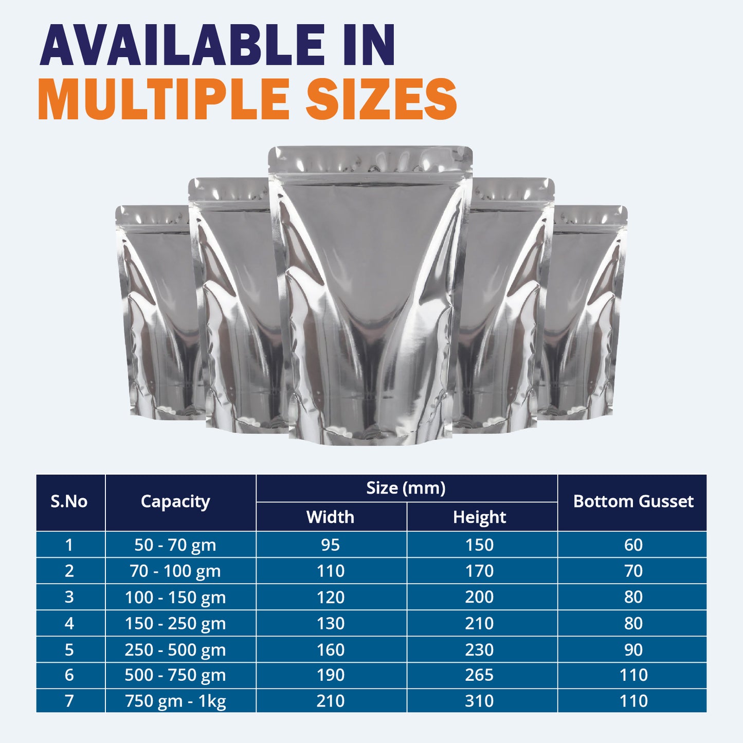 Both side gloss silver stand up pouches available in sizes||500 to 750gm - 190mm(W) * 265mm(H) * 110mm(BG)