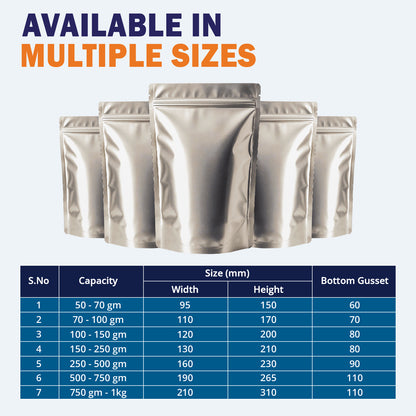 Size chart of matte silver stand up zipper pouch||500 to 750gm - 190mm(W) * 265mm(H) * 110mm(BG)