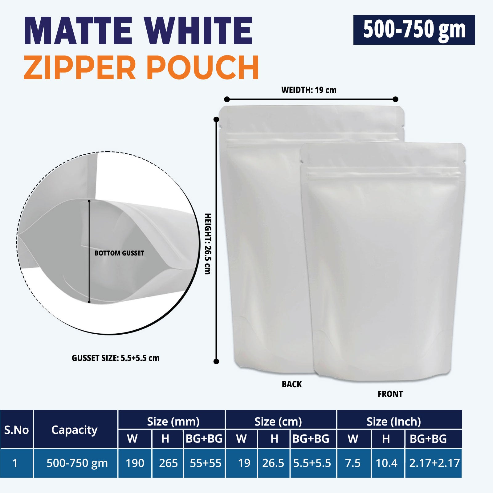 500g matte white pouch with multilayer food safe material