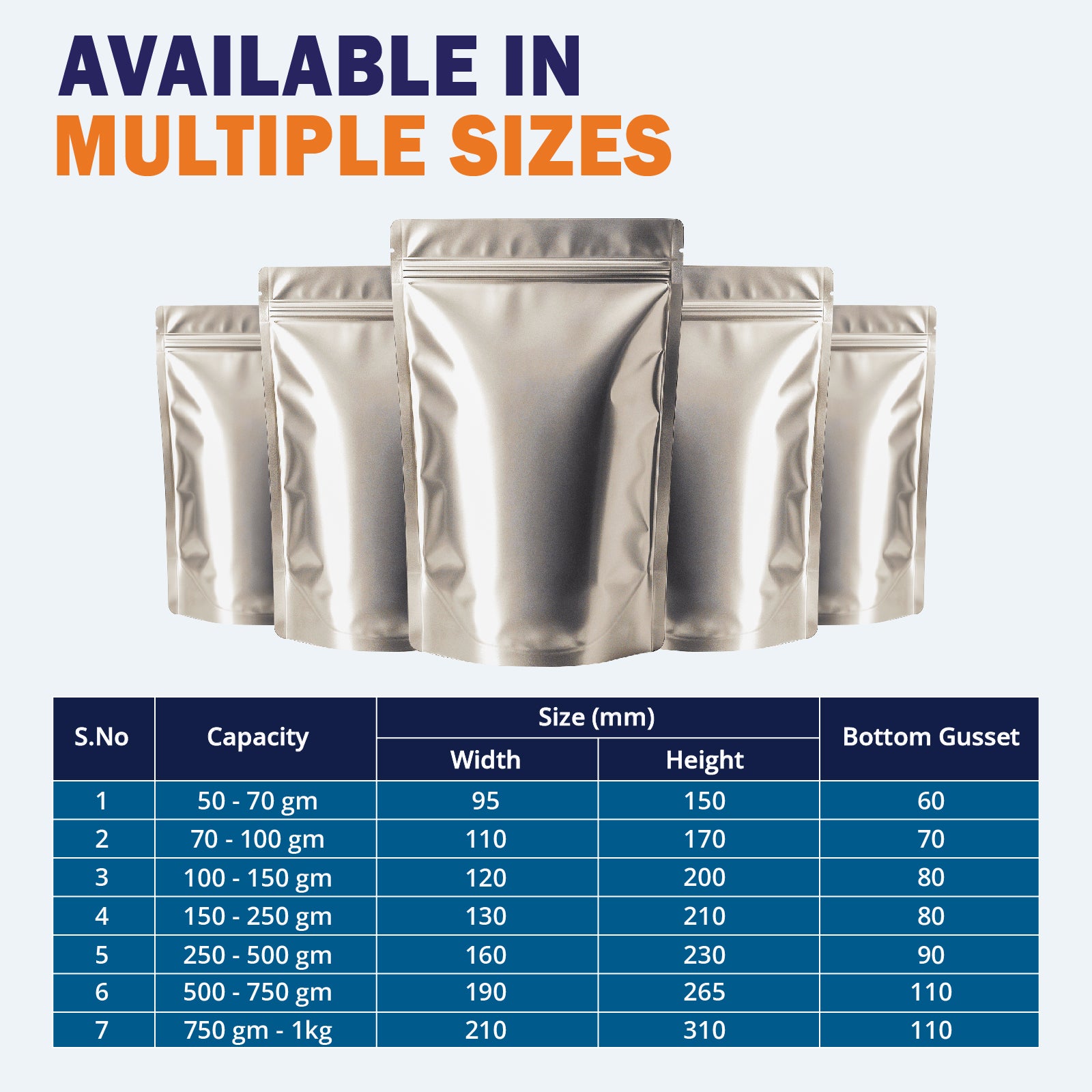 Matte silver stand up pouches available in sizes