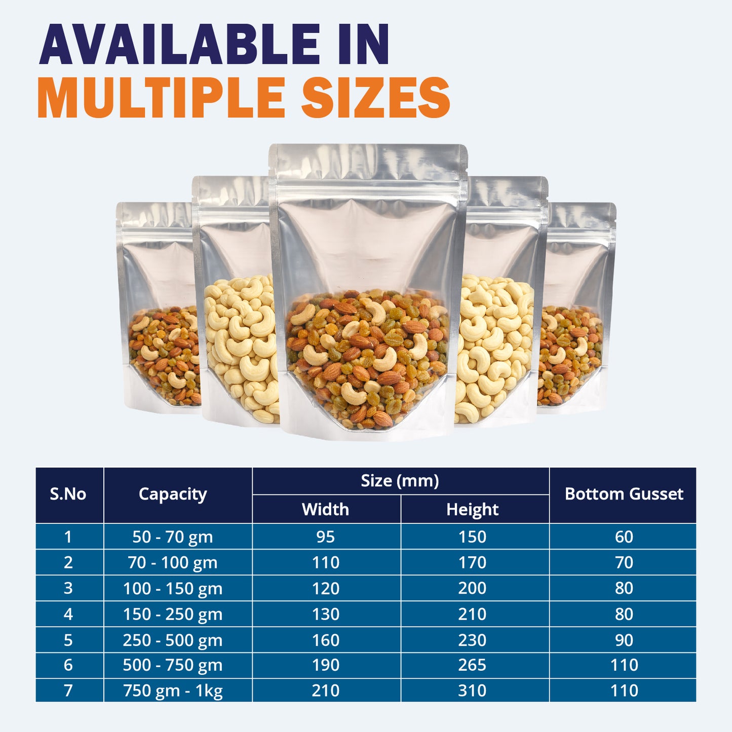 Size chart of clear gloss silver stand up zipper pouch||750gm to 1kg - 210mm(W) * 310mm(H) * 110mm(BG)