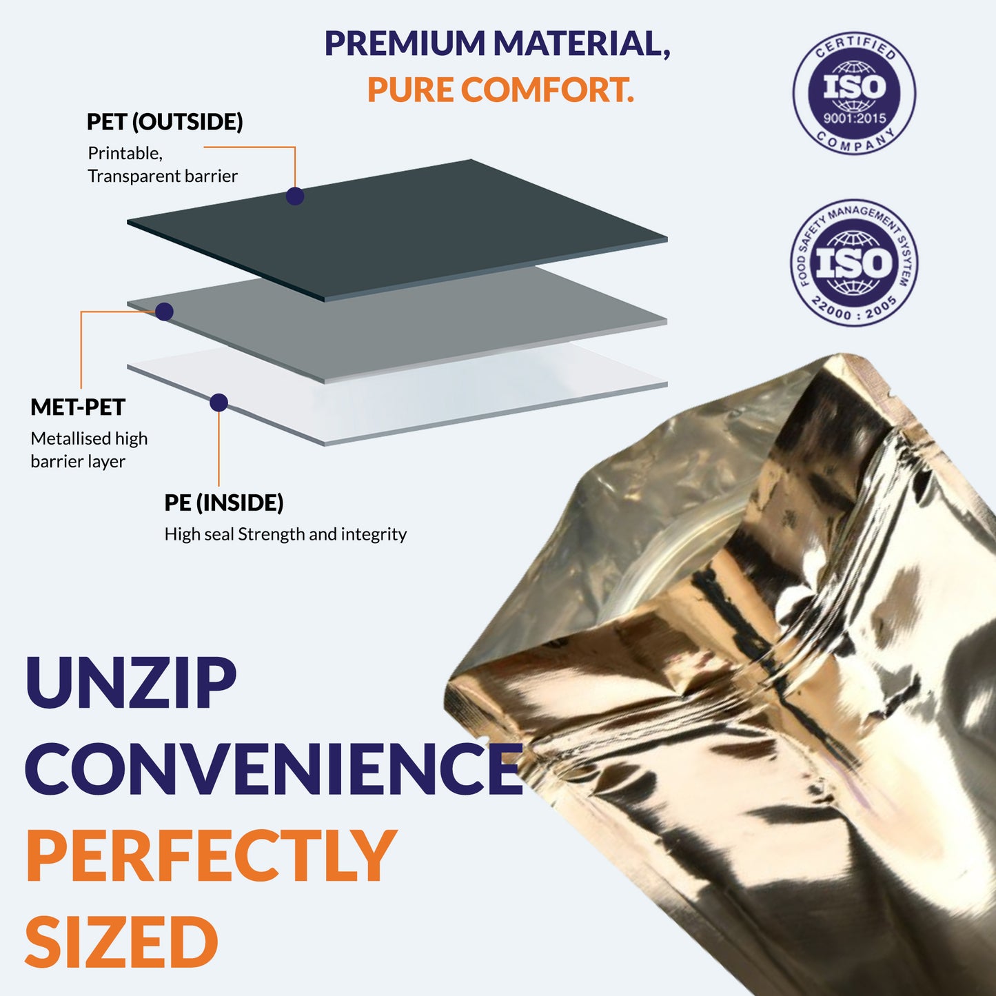 PET PE and PET METPET structure of gloss silver pouch||750gm to 1kg - 210mm(W) * 310mm(H) * 110mm(BG)
