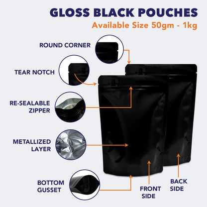 Features of gloss black pouch including zipper, heat seal, durability||750gm to 1kg - 210mm(W) * 310mm(H) * 110mm(BG)