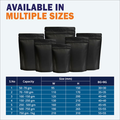 Size chart explanation for matte black stand up pouch||750gm to 1kg - 210mm(W) * 310mm(H) * 110mm(BG)