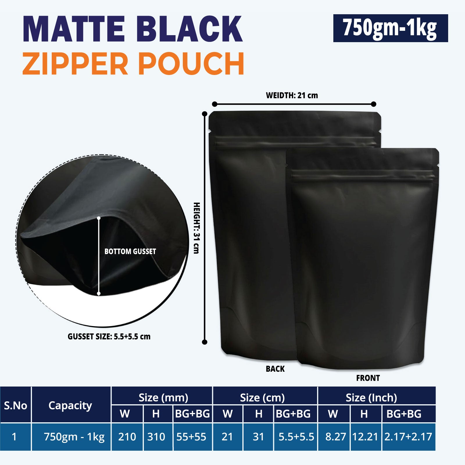 1kg matte black pouch for wholesale dry food packaging