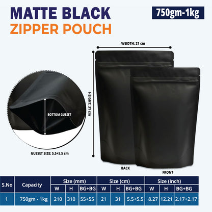 1kg matte black pouch for wholesale dry food packaging||750gm to 1kg - 210mm(W) * 310mm(H) * 110mm(BG)