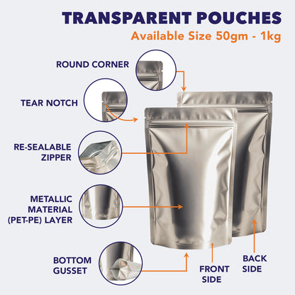 Features of matte silver stand up zipper pouch||750gm to 1kg - 210mm(W) * 310mm(H) * 110mm(BG)